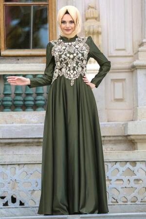 Neva Style - Taşlı Yağ Yeşili Tesettür Abiye Elbise 3589YY - 1