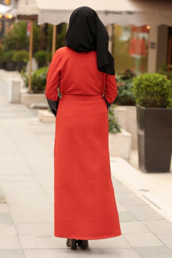 Pul Payetli Kiremit Tesettür Abaya 3304KRMT - 2