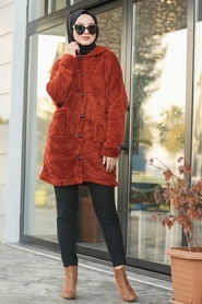 Neva Style - Terra Cotta Hijab Coat 60701KRMT - Thumbnail