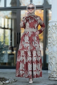 Neva Style - Terra Cotta Hijab Dress 22150KRMT - Thumbnail
