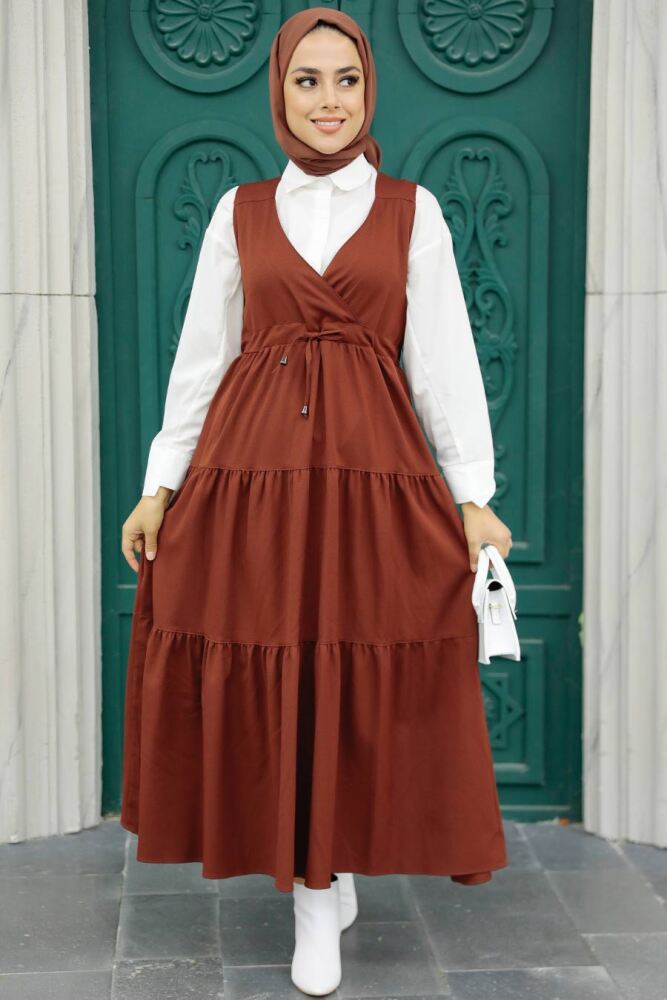 Neva Style - Terra Cotta Hijab Gilet Dress 577KKRMT - 2