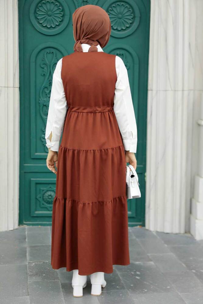 Neva Style - Terra Cotta Hijab Gilet Dress 577KKRMT - 3