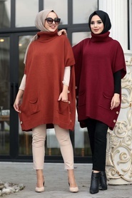 Neva Style -Terra Cotta Hijab knitwear poncho 19763KRMT - Thumbnail