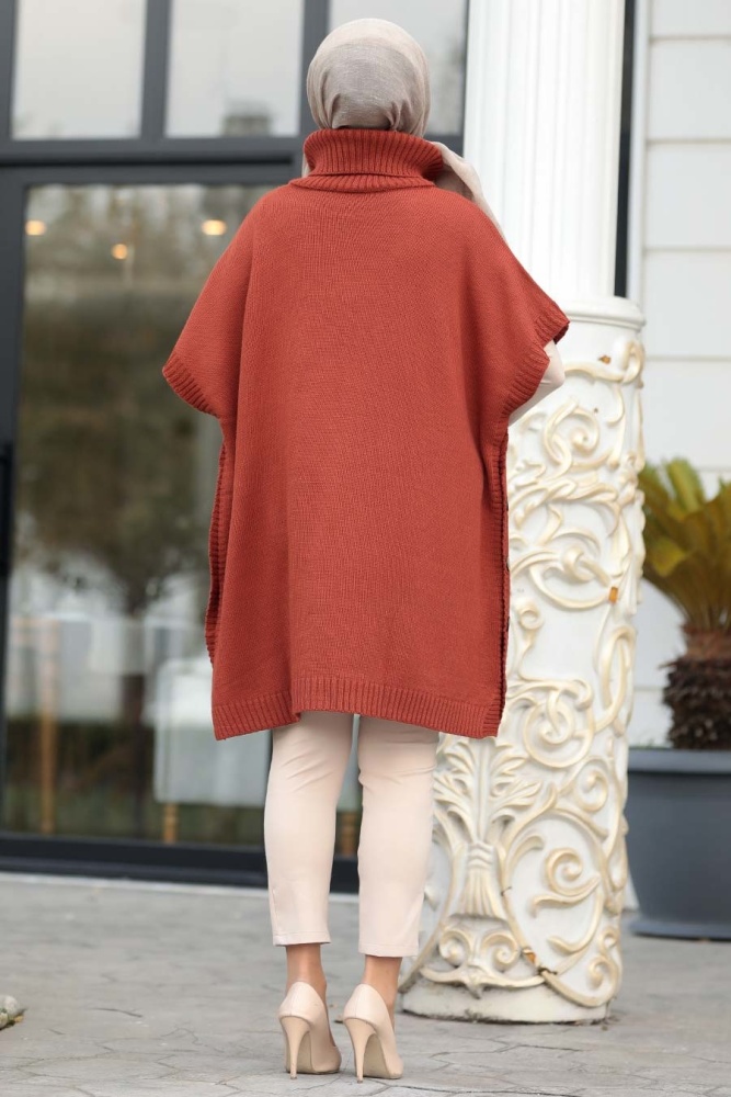 Neva Style -Terra Cotta Hijab knitwear poncho 19763KRMT - 3