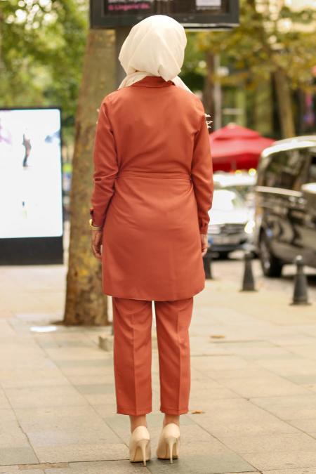 Kemerli Kiremit Tunik / Pantolon Tesettür Takım 53960KRMT - 2