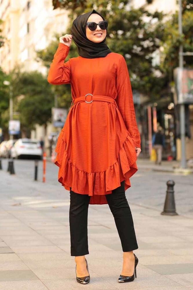 Fırfırlı Kiremit Tesettur Tunik 3596KRMT - 1