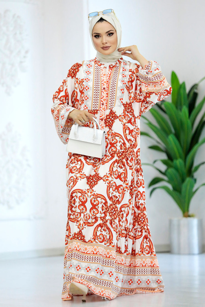 Terra Cotta Long Muslim Dress 51951KRMT - 3