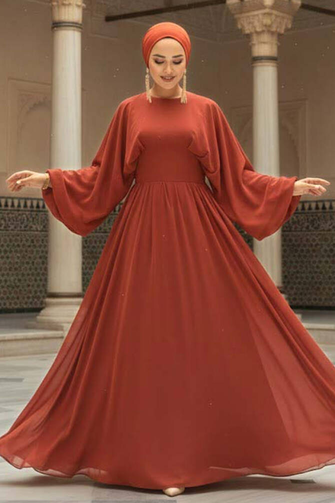 Terra Cotta Turkish Hijab Engagement Gown 60681KRMT - TESETTÜRLÜ ABİYE ELBİSELER