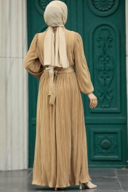Neva Style - Tokalı Kemerli Bisküvi Tesettür Elbise 5936BS - Thumbnail