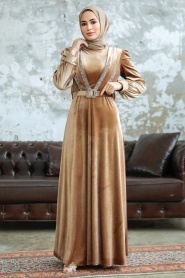  Neva Style - Tokalı Kemerli Bisküvi Tesettür Kadife Elbise 3775BS - Thumbnail