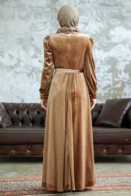  Neva Style - Tokalı Kemerli Bisküvi Tesettür Kadife Elbise 3775BS - Thumbnail