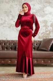 Neva Style - Tokalı Kemerli Bordo Tesettür Kadife Elbise 3748BR - Thumbnail
