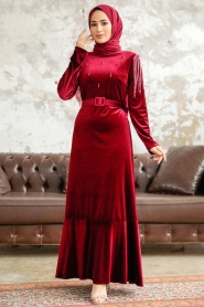 Neva Style - Tokalı Kemerli Bordo Tesettür Kadife Elbise 3748BR - Thumbnail