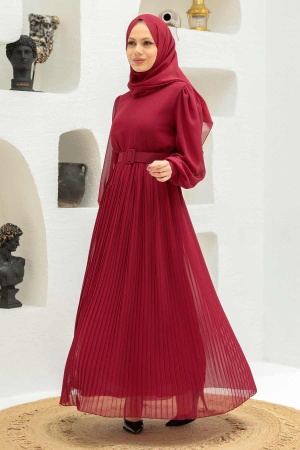 Neva Style - Tokalı Kemerli Bordo Tesettür Elbise 3358BR - 1