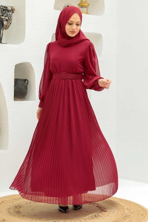 Neva Style - Tokalı Kemerli Bordo Tesettür Elbise 3358BR - 2