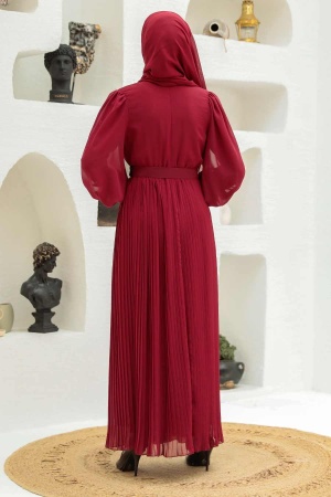 Neva Style - Tokalı Kemerli Bordo Tesettür Elbise 3358BR - 3