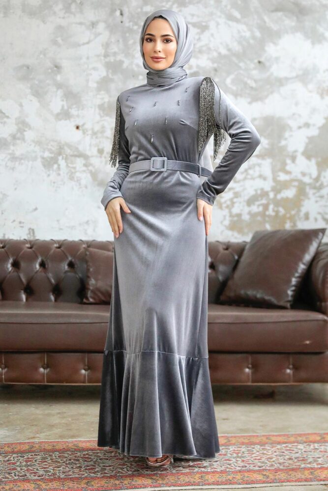 Neva Style - Tokalı Kemerli Gri Tesettür Kadife Elbise 3748GR - 1