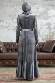 Neva Style - Tokalı Kemerli Gri Tesettür Kadife Elbise 3748GR - Thumbnail
