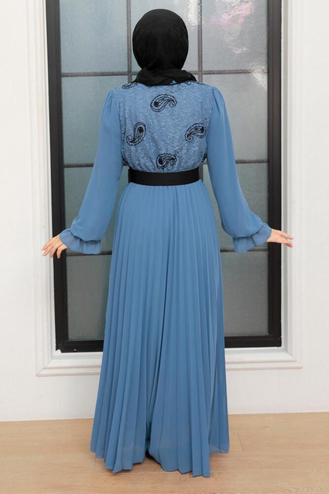 Neva Style - Tokalı Kemerli İndigo Mavisi Tesettür Elbise 1218IM - 2