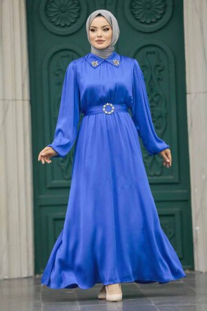Neva Style - Tokalı Kemerli İndigo Mavisi Tesettür Elbise 12851IM - 1