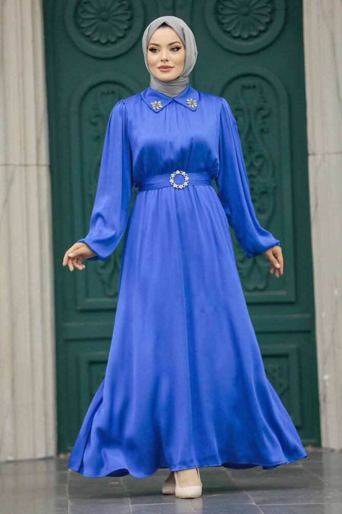 Neva Style - Tokalı Kemerli İndigo Mavisi Tesettür Elbise 12851IM - 1