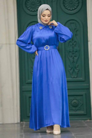 Neva Style - Tokalı Kemerli İndigo Mavisi Tesettür Elbise 12851IM - 2