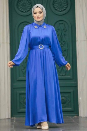 Neva Style - Tokalı Kemerli İndigo Mavisi Tesettür Elbise 12851IM - 3