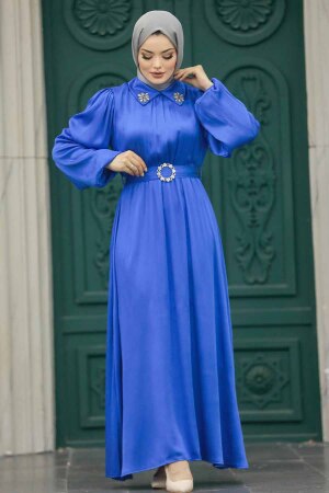 Neva Style - Tokalı Kemerli İndigo Mavisi Tesettür Elbise 12851IM - 4