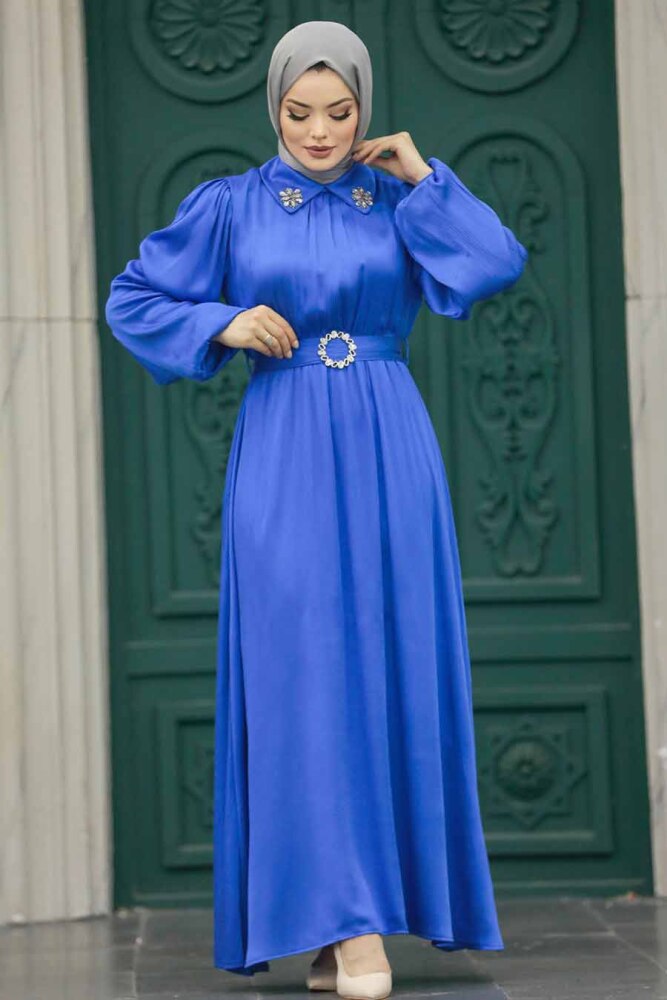 Neva Style - Tokalı Kemerli İndigo Mavisi Tesettür Elbise 12851IM - 4