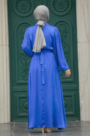 Neva Style - Tokalı Kemerli İndigo Mavisi Tesettür Elbise 12851IM - 5