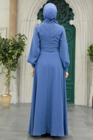 Neva Style - Tokalı Kemerli İndigo Mavisi Tesettür Elbise 3425IM - Thumbnail
