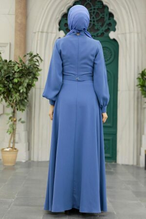 Neva Style - Tokalı Kemerli İndigo Mavisi Tesettür Elbise 3425IM - 3
