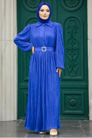 Neva Style - Tokalı Kemerli İndigo Mavisi Tesettür Elbise 5936IM - Thumbnail