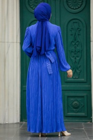 Neva Style - Tokalı Kemerli İndigo Mavisi Tesettür Elbise 5936IM - Thumbnail