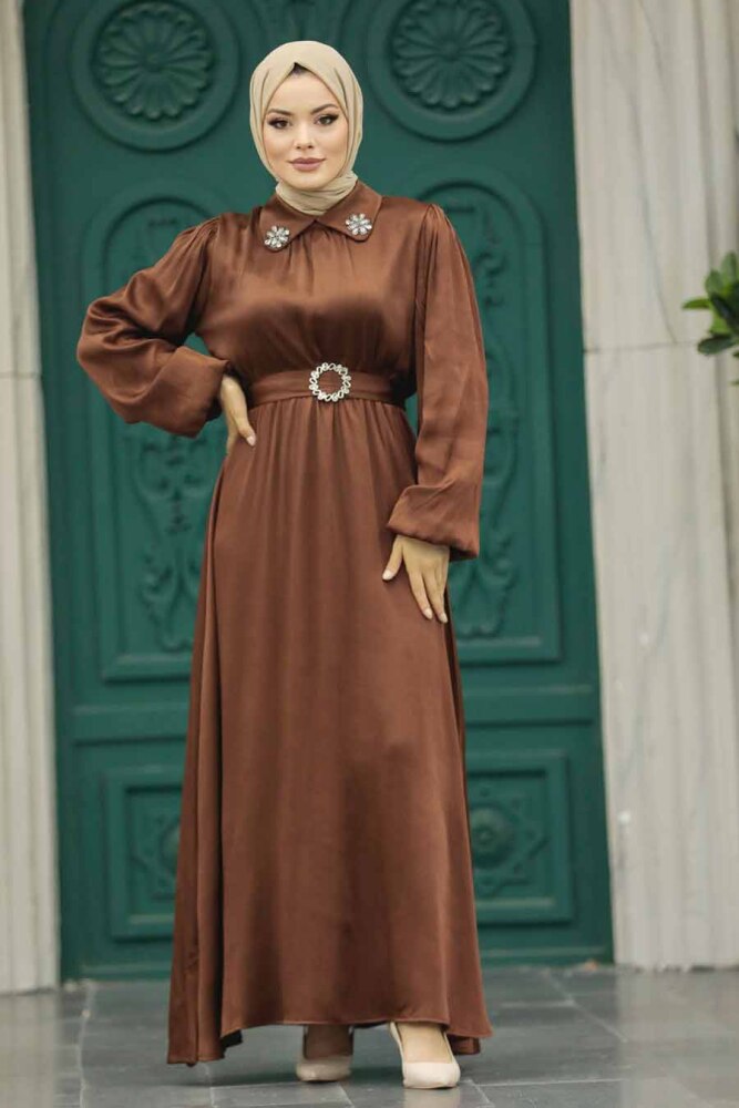 Neva Style - Tokalı Kemerli Kahverengi Tesettür Elbise 12851KH - 2