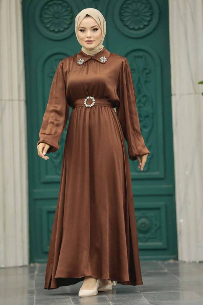 Neva Style - Tokalı Kemerli Kahverengi Tesettür Elbise 12851KH - 3