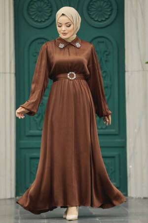 Neva Style - Tokalı Kemerli Kahverengi Tesettür Elbise 12851KH - 1