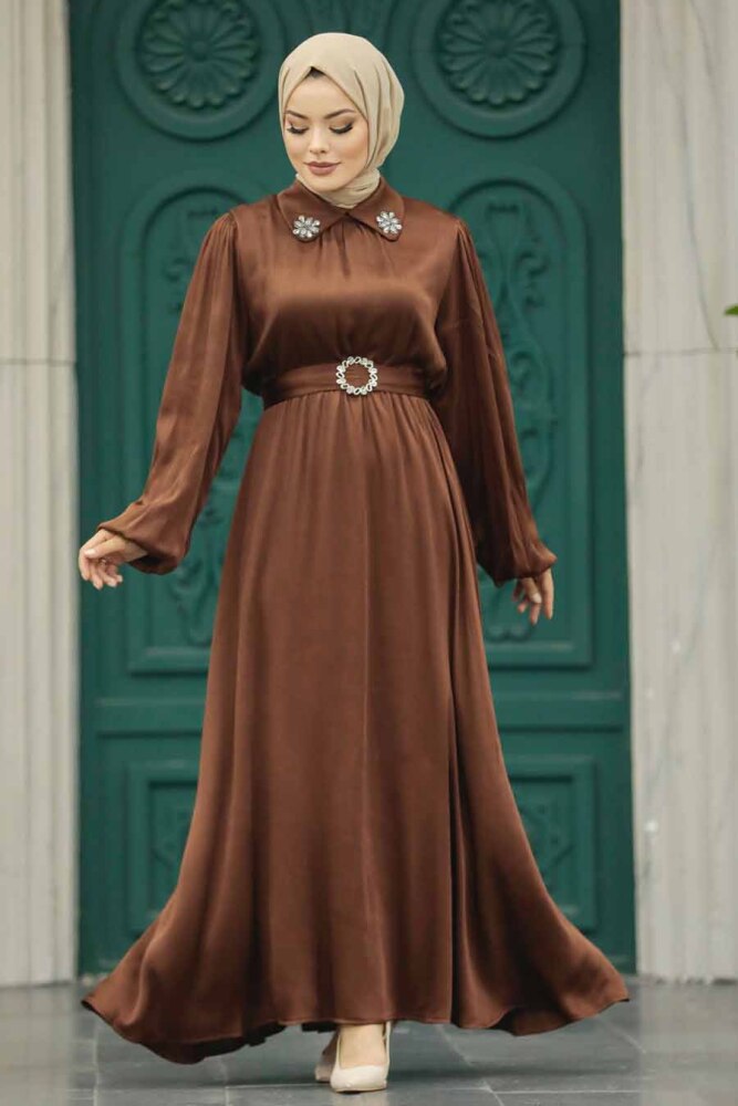 Neva Style - Tokalı Kemerli Kahverengi Tesettür Elbise 12851KH - 1