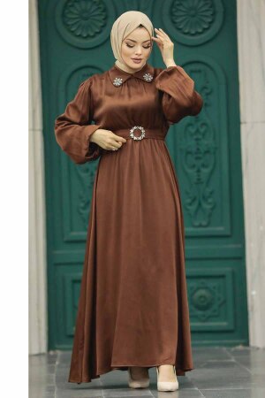 Neva Style - Tokalı Kemerli Kahverengi Tesettür Elbise 12851KH - 4