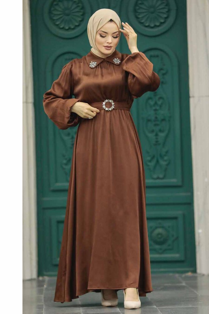 Neva Style - Tokalı Kemerli Kahverengi Tesettür Elbise 12851KH - 4