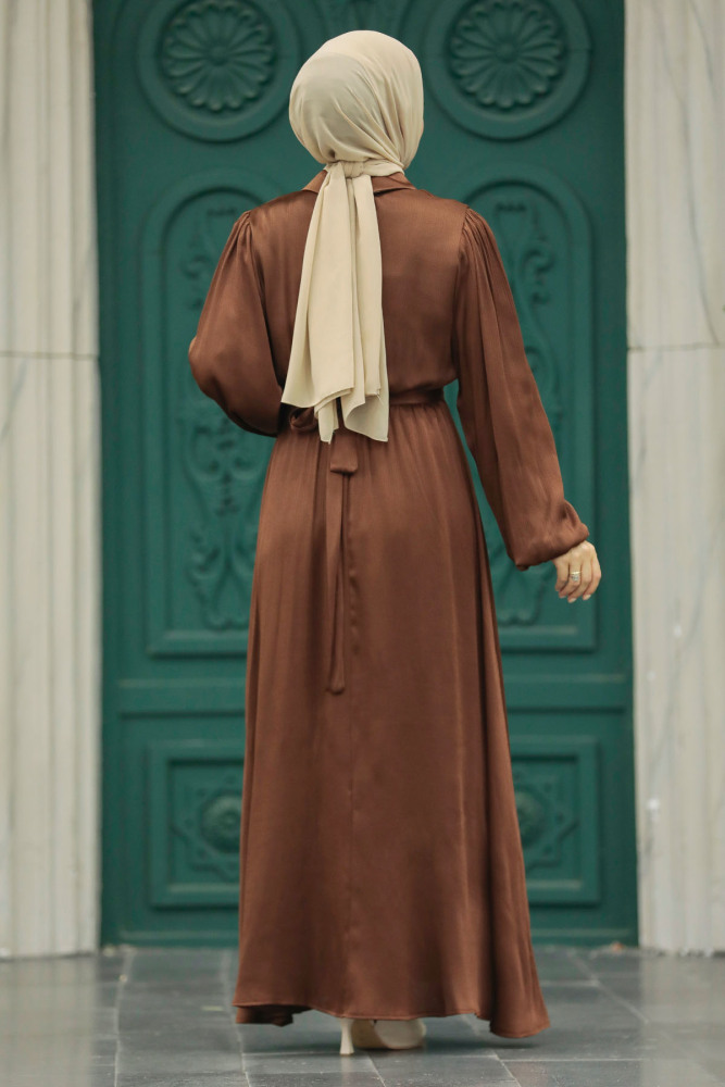 Neva Style - Tokalı Kemerli Kahverengi Tesettür Elbise 12851KH - 5
