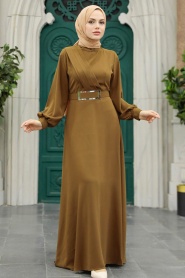 Neva Style - Tokalı Kemerli Kahverengi Tesettür Elbise 3425KH - Thumbnail