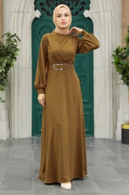Neva Style - Tokalı Kemerli Kahverengi Tesettür Elbise 3425KH - Thumbnail