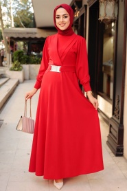 Neva Style - Tokalı Kemerli Kırmızı Tesettür Elbise 5806K - Thumbnail