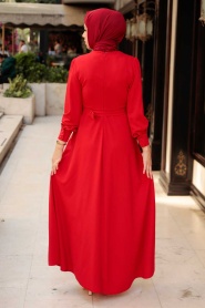 Neva Style - Tokalı Kemerli Kırmızı Tesettür Elbise 5806K - Thumbnail