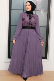 Neva Style - Tokalı Kemerli Koyu Lila Tesettür Elbise 1218KLILA - Thumbnail