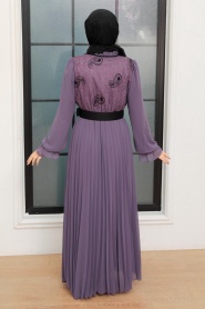 Neva Style - Tokalı Kemerli Koyu Lila Tesettür Elbise 1218KLILA - Thumbnail