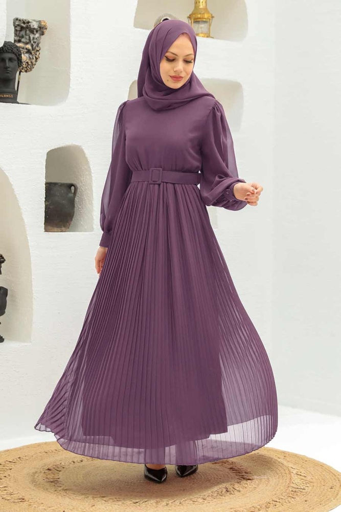 Neva Style - Tokalı Kemerli Koyu Lila Tesettür Elbise 3358KLILA - 1