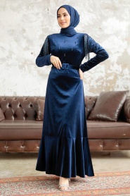 Neva Style - Tokalı Kemerli Lacivert Tesettür Kadife Elbise 3748L - Thumbnail