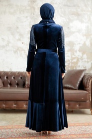 Neva Style - Tokalı Kemerli Lacivert Tesettür Kadife Elbise 3748L - Thumbnail